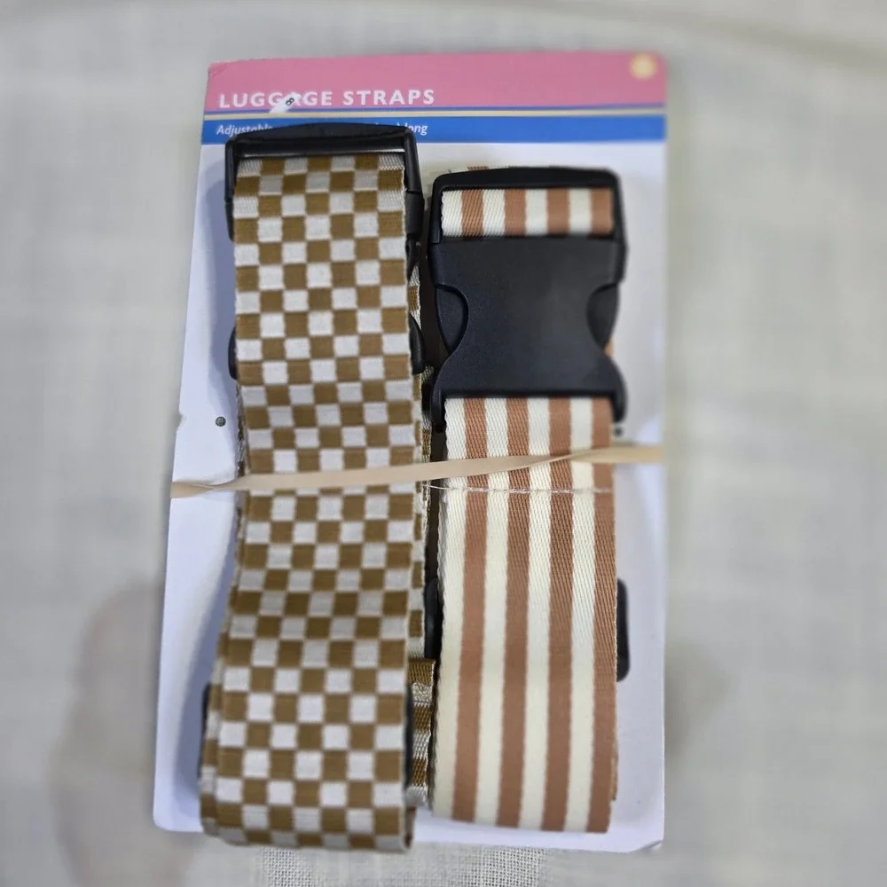 2 Pack Adjustable Luggage Straps Tan Checkered and Striped Travel Belts 66 Inch